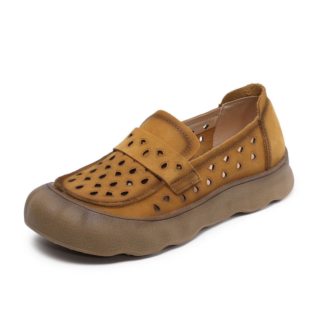 Women's Summer Leather Slip-on Flats — Cutout & Breathable Design