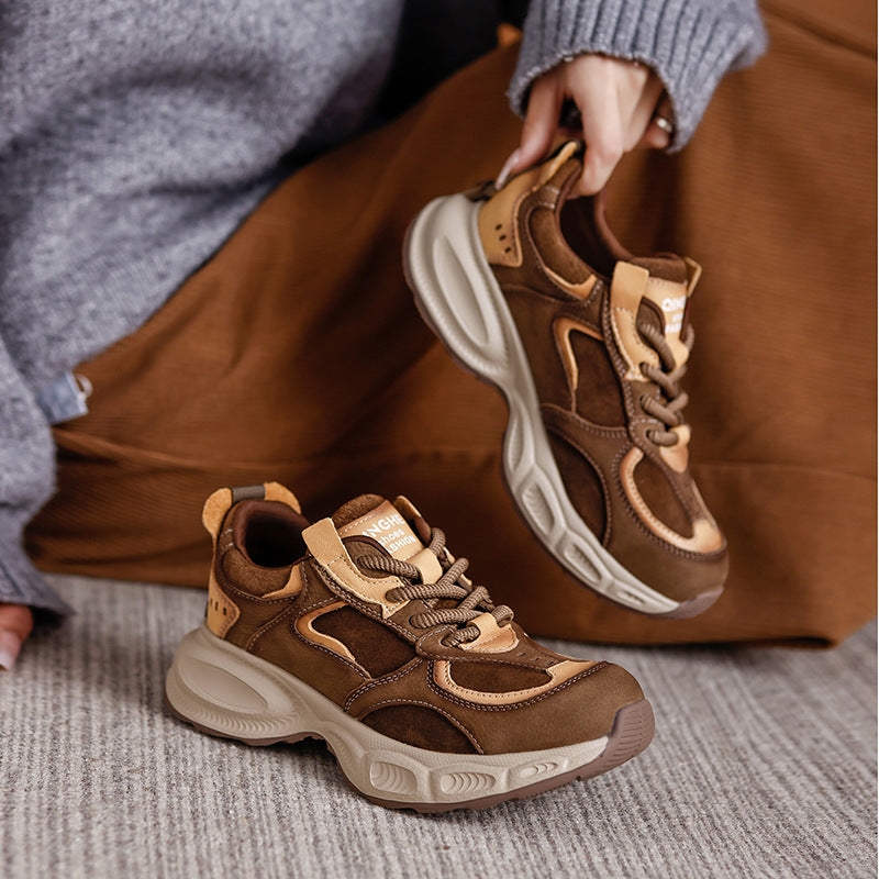 Women's Chunky Leather Sneakers Platform Dad Shoes Retro Lace Up Walking Trainers