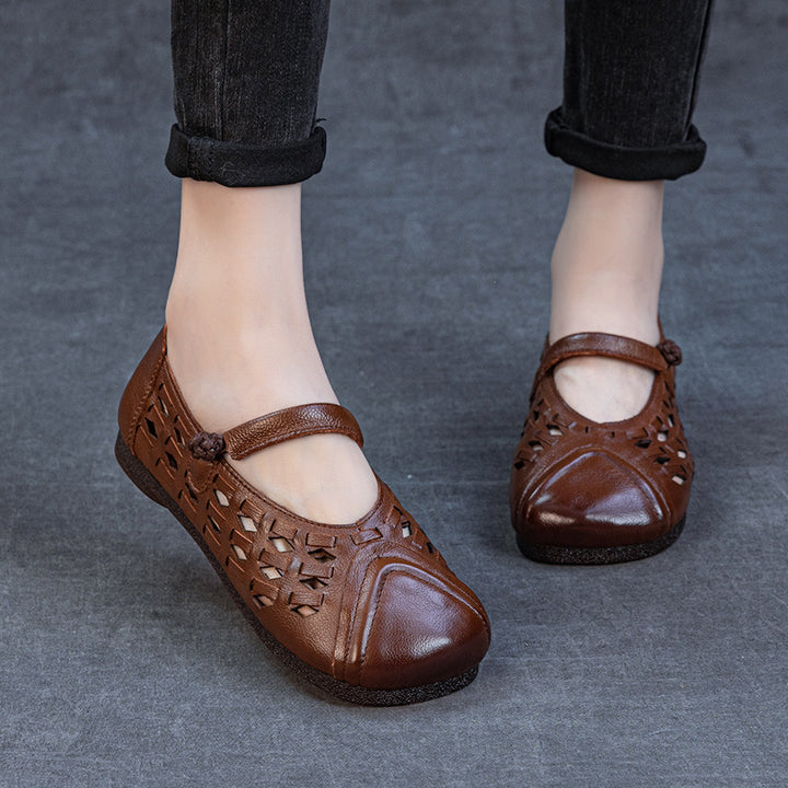 Women's Retro Woven Mary Jane Flats Vintage Leather Cutout Fisherman Sandals