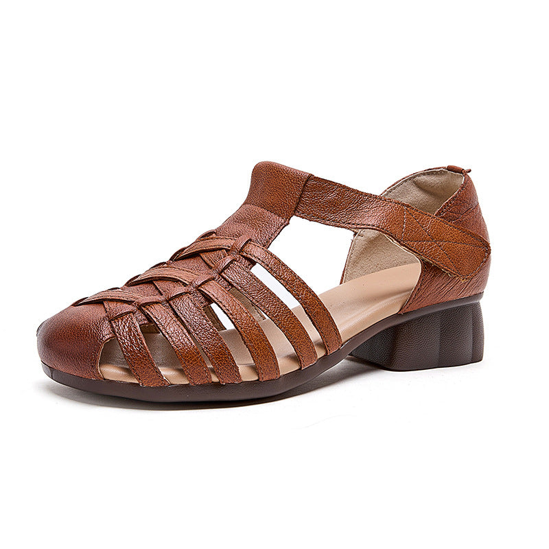 Women's Low Block Heel Fisherman Sandals Velcro Retro Gladiator Woven Strappy Shoes