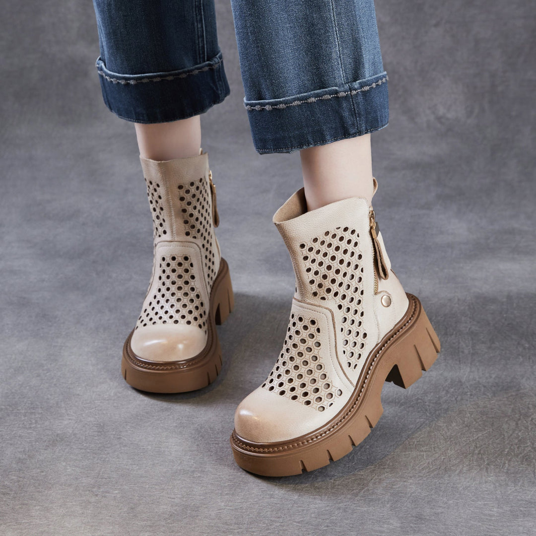 Women’s Retro Leather Cut-Out Ankle Boots – Summer Chunky Block Heel Zip Boots