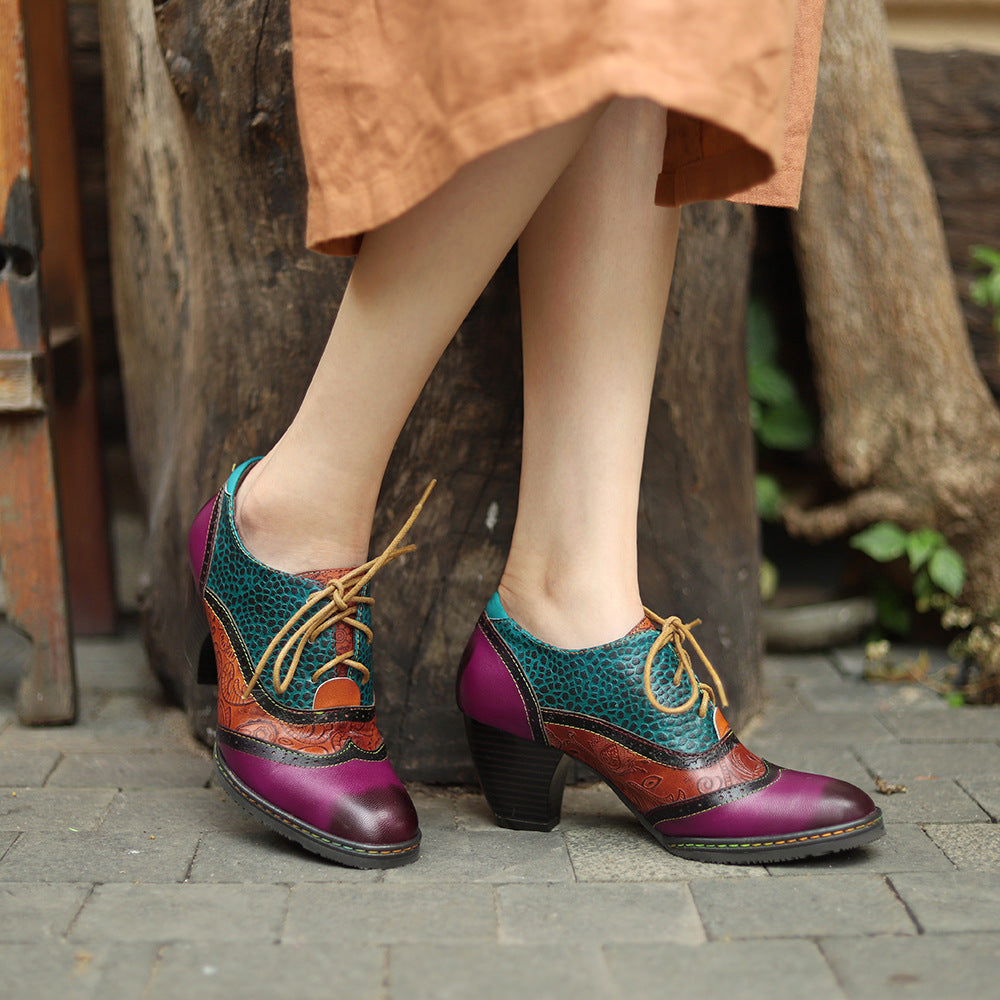 Women's Vintage Patchwork Sheepskin Oxford Pumps Square Toe Lace Up Chunky Heel Shoes