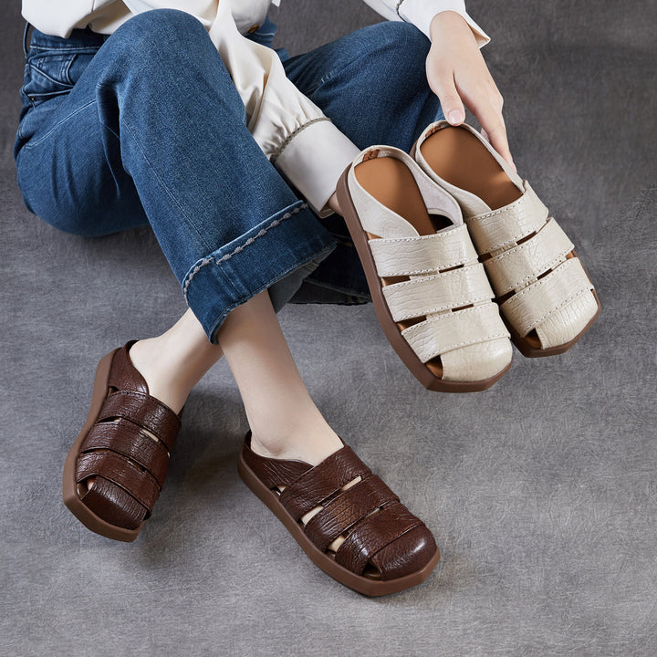 Women's Leather Mules - Multi-Strap Woven Closed Flat Sandals Casual Summer Slip-On Slides