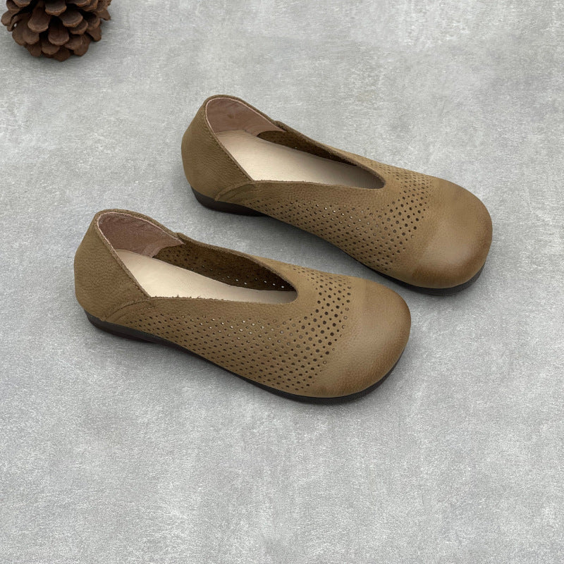 Women's Leather Perforated Loafers Retro V-Neck Slip-On Flats Ballet Flats Vintage Casual Summer Shoes