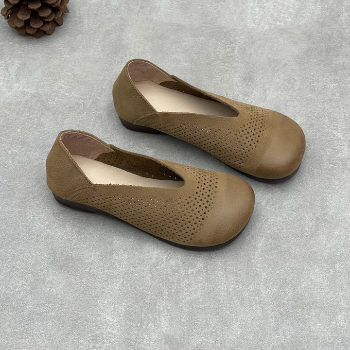 Women's Leather Perforated Loafers Retro V-Neck Slip-On Flats Ballet Flats Vintage Casual Summer Shoes
