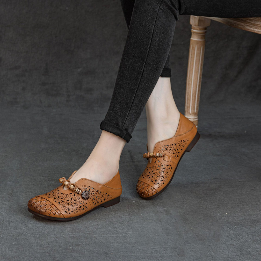 Women's Retro Cutout Leather Loafers Vintage Hollow-out Slip-on Flats