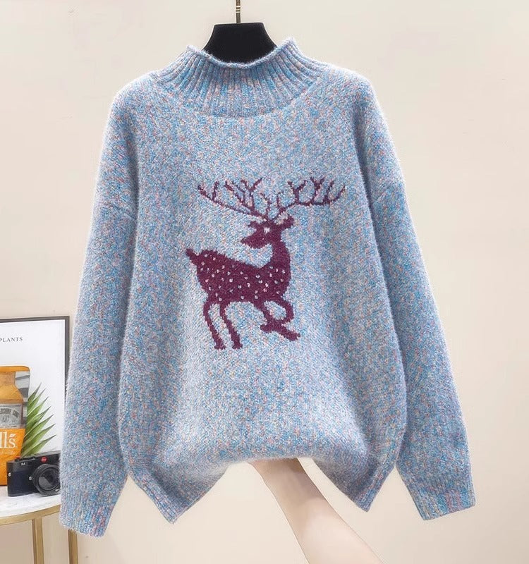 Womens Christmas Cute Dear Half Turtleneck Sweater