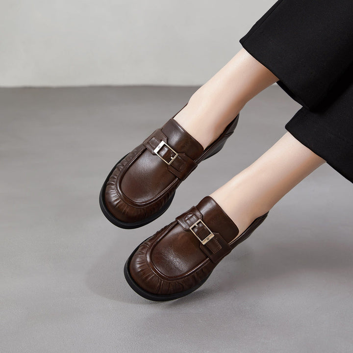 Women's Sheepskin Loafers - Ruched Leather Buckle Block Heel