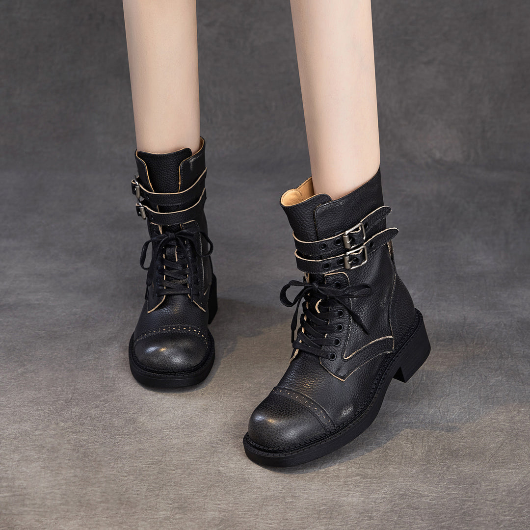 Women‘s Retro Cowhide Mid-Calf Boots Vintage Round Toe Buckle Lace-up Combat Boots