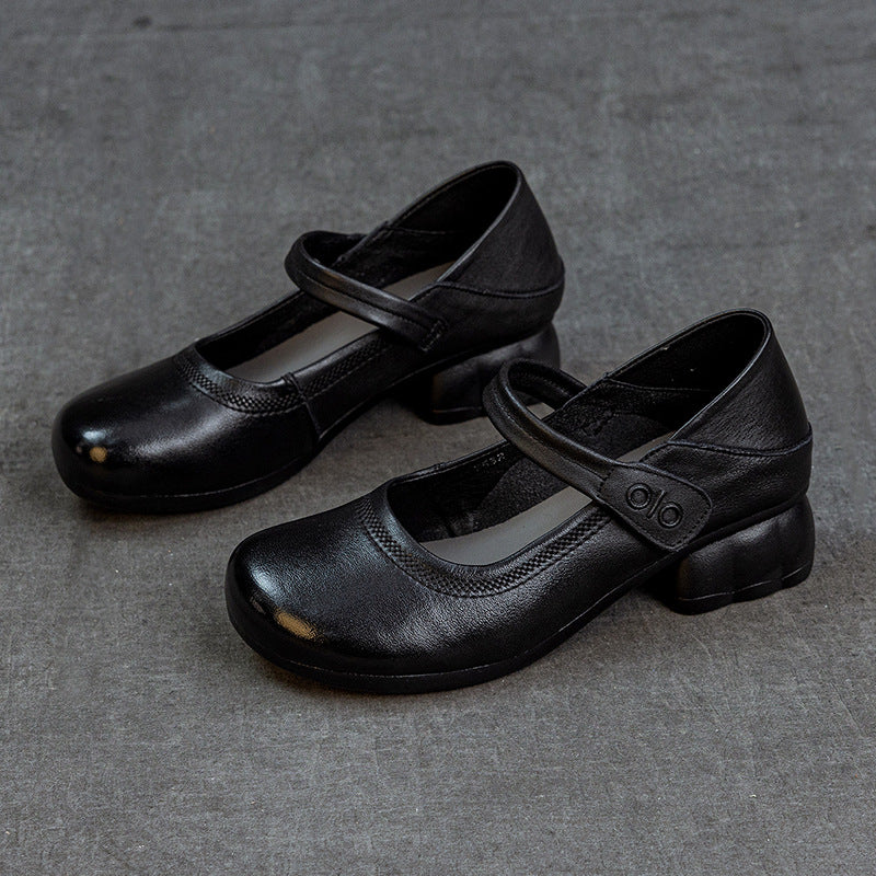 Women's Leather Mary Janes - Round Toe Vintage Instep Strap Block Chunky Heel Pumps