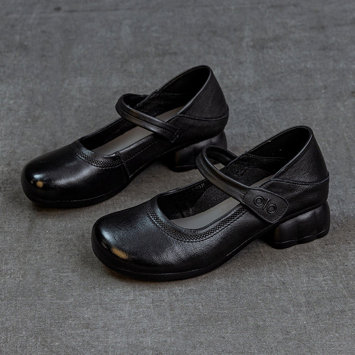 Women's Leather Mary Janes - Round Toe Vintage Instep Strap Block Chunky Heel Pumps