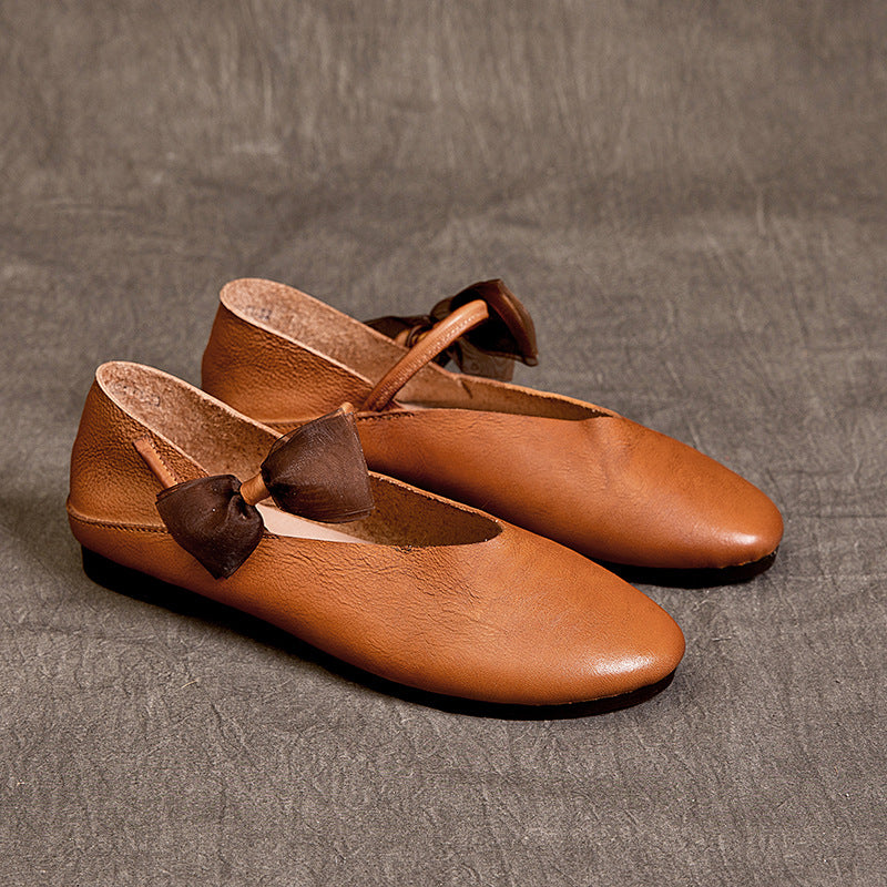 Womens Handmade Bow Comfort Pointed Toe Cowhide Leather Flats