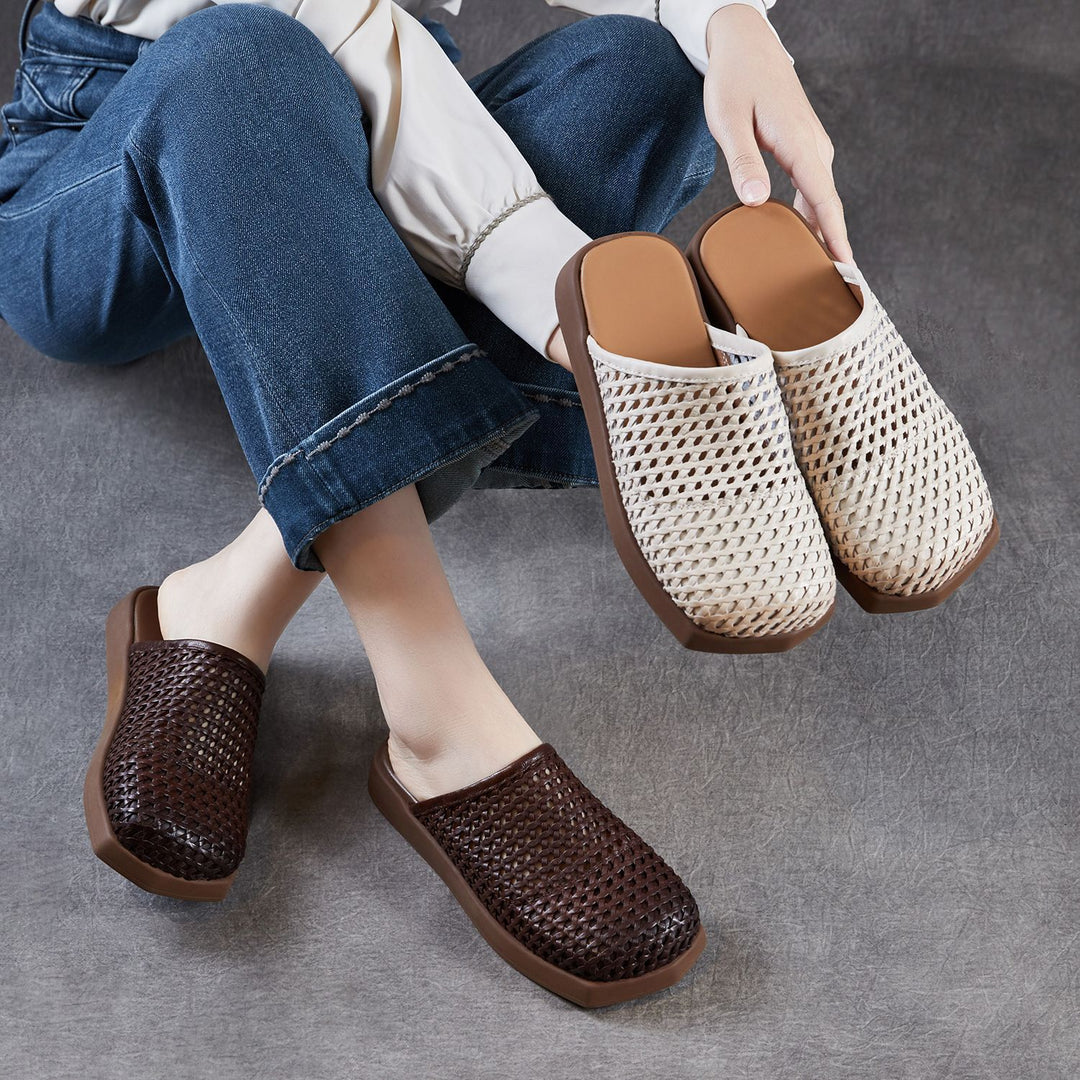 Women's Square Toe Woven Mules Genuine Leather Platform Slippers Barefoot-Friendly