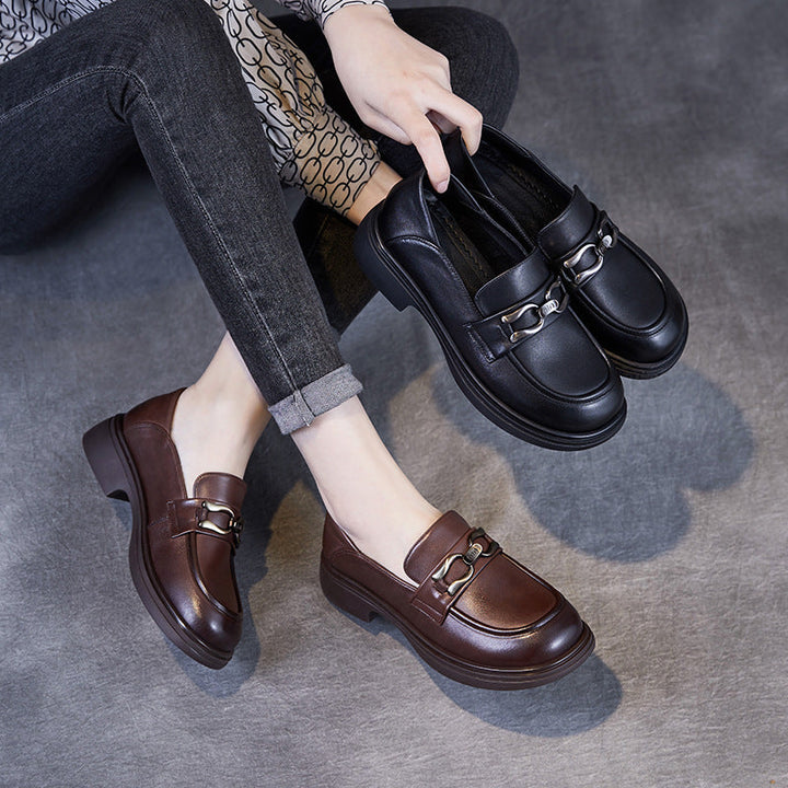 British Luxury Leather Loafers for Women - Signature Chain Detail & Slip-On