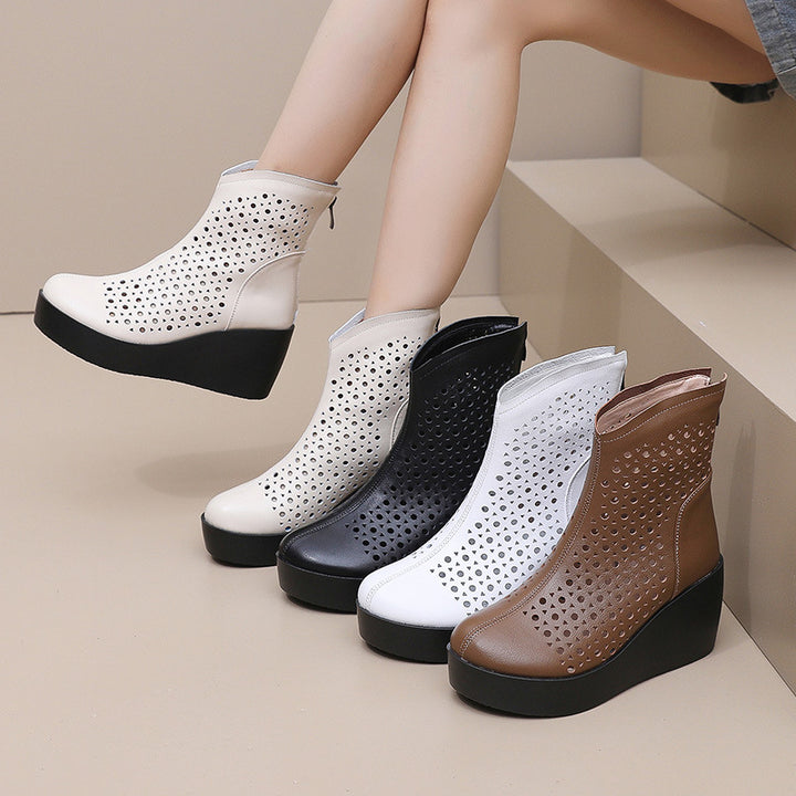 Women‘s Retro Cowhide Ankle Boots Vintage Round Toe Cutout Perforated Wedge Platform High Heels