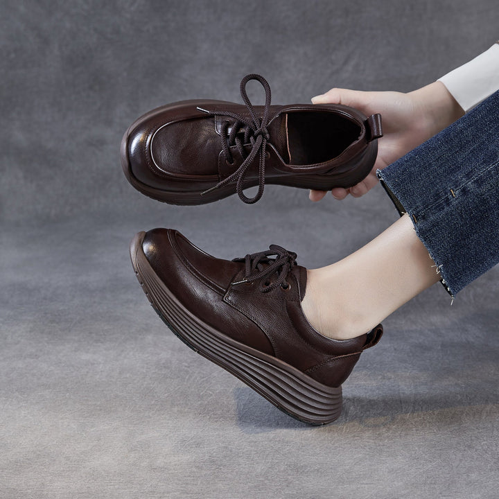 Women’s Leather Lace-Up Platform Wedge Shoes – Retro Non-Slip Casual Style