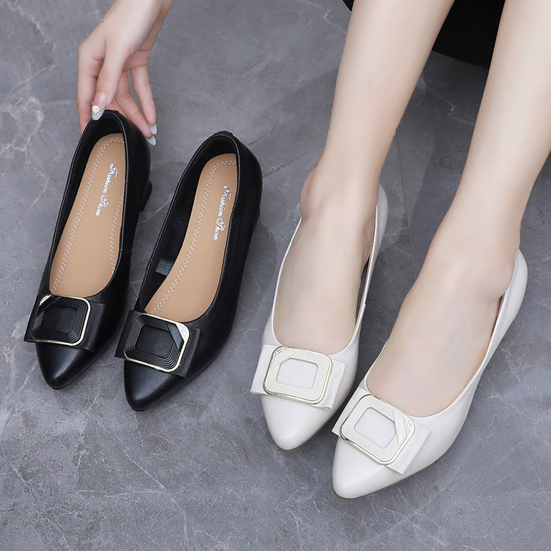 Women's Genuine Leather Pointed Toe Office Pumps Buckle Mid Chunky Heel Slip On Shoes