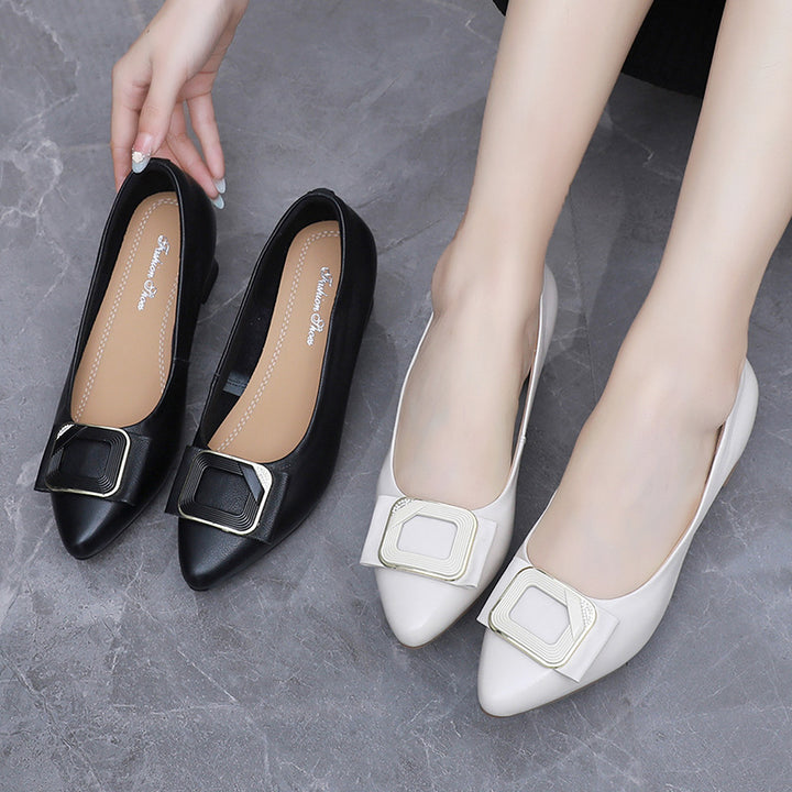 Women's Genuine Leather Pointed Toe Office Pumps Buckle Mid Chunky Heel Slip On Shoes