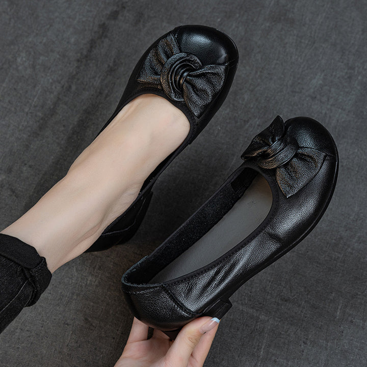 Women's Genuine Leather Bowknot Ballet Flats Round Toe Slip On Low Heel Walking Shoes