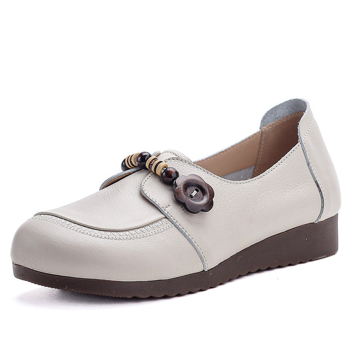 Women's Leather Casual Loafers - Vintage Beaded Flower Slip-On Round Toe Flats Comfort Walking Shoes
