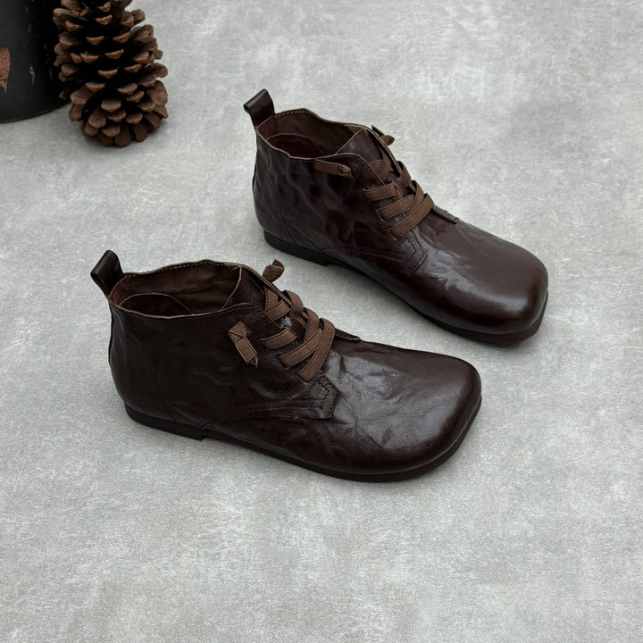 Women's Vintage Lambskin Ankle Booties Soft Sole Square Toe Elastic Slip-On Shoes