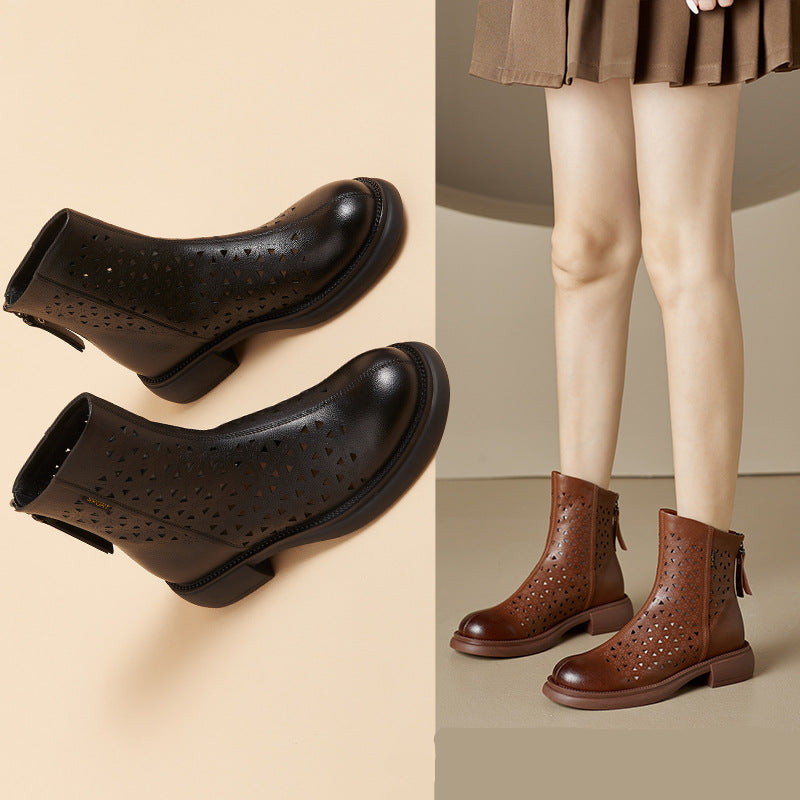 Women‘s Retro Ankle Summer Sandals Boots Vintage Round Toe Cutout Perforated Chunky Heels
