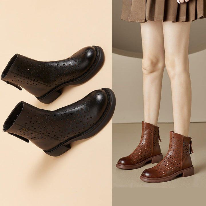 Women‘s Retro Ankle Summer Sandals Boots Vintage Round Toe Cutout Perforated Chunky Heels