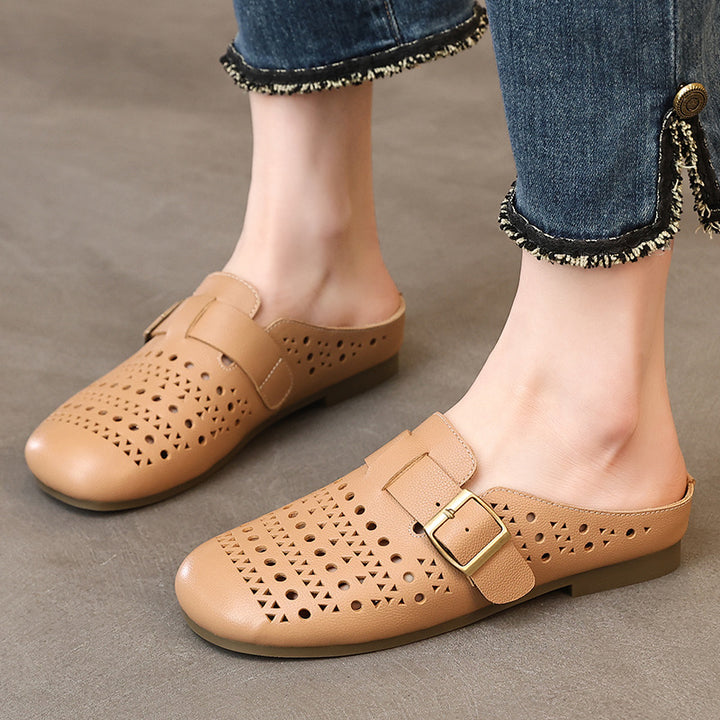 Women's Genuine Leather Buckle Mules Round Toe Backless Slip On Slides