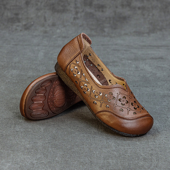 Women's Soft Leather Loafers - Hollow Out V-Neck Geometric Perforated Flats Round Toe Comfort Walking Shoes