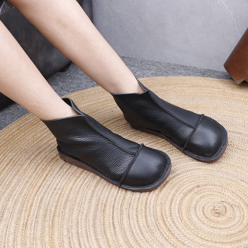 Women's Genuine Leather Ankle Boots Back Zipper Soft Flat Booties Casual Walking Shoes