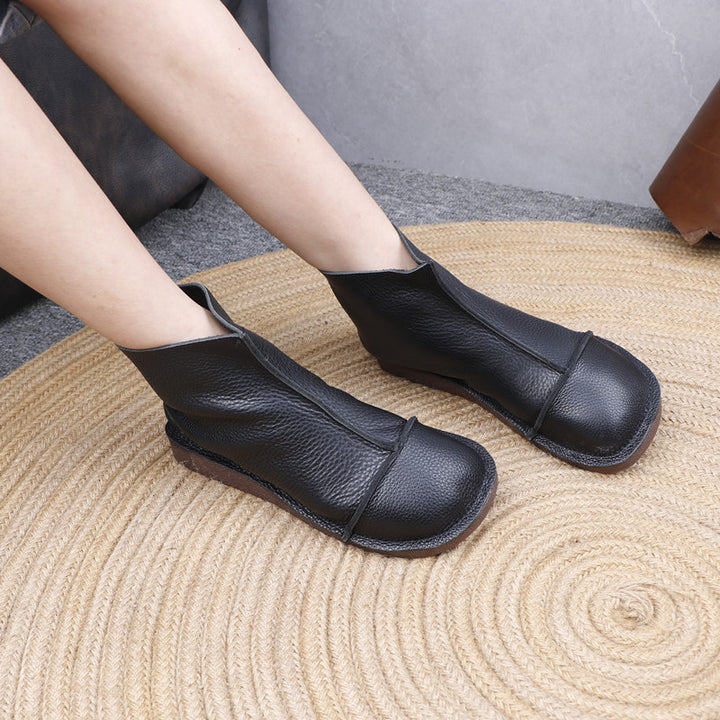 Women's Genuine Leather Ankle Boots Back Zipper Soft Flat Booties Casual Walking Shoes