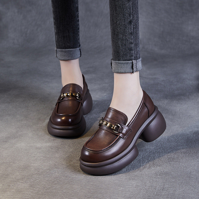 Women’s Leather Platform Block Heel Loafers – British Vintage Chain Detail