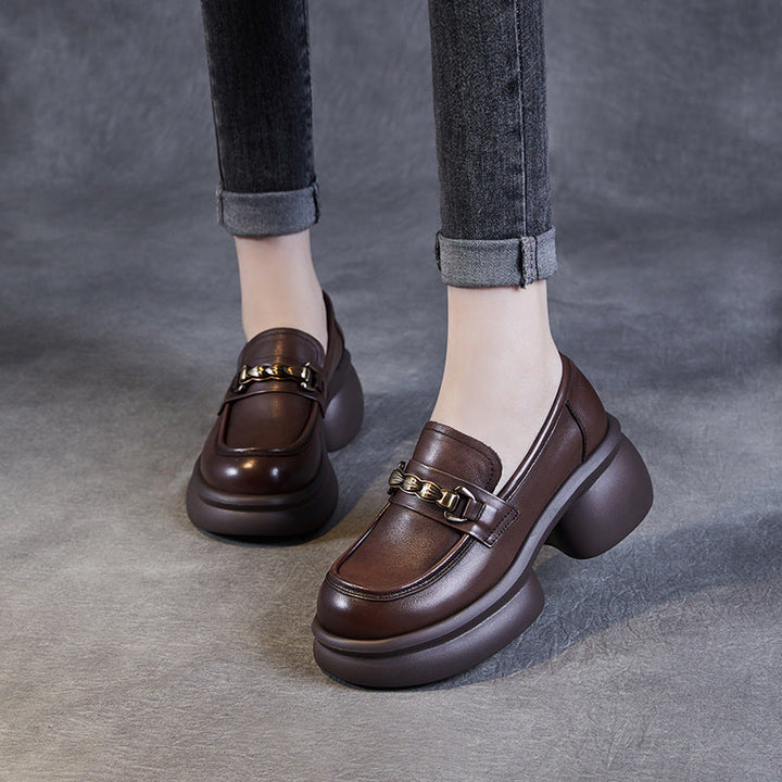 Women’s Leather Platform Block Heel Loafers – British Vintage Chain Detail