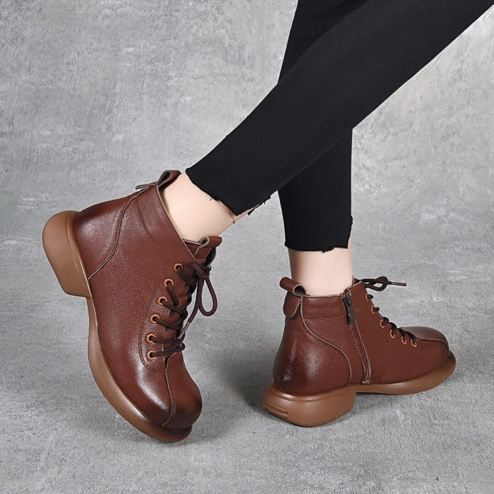 Women’s Vintage Leather Lace-Up Ankle Boots – Mid Heel Side Zip Design