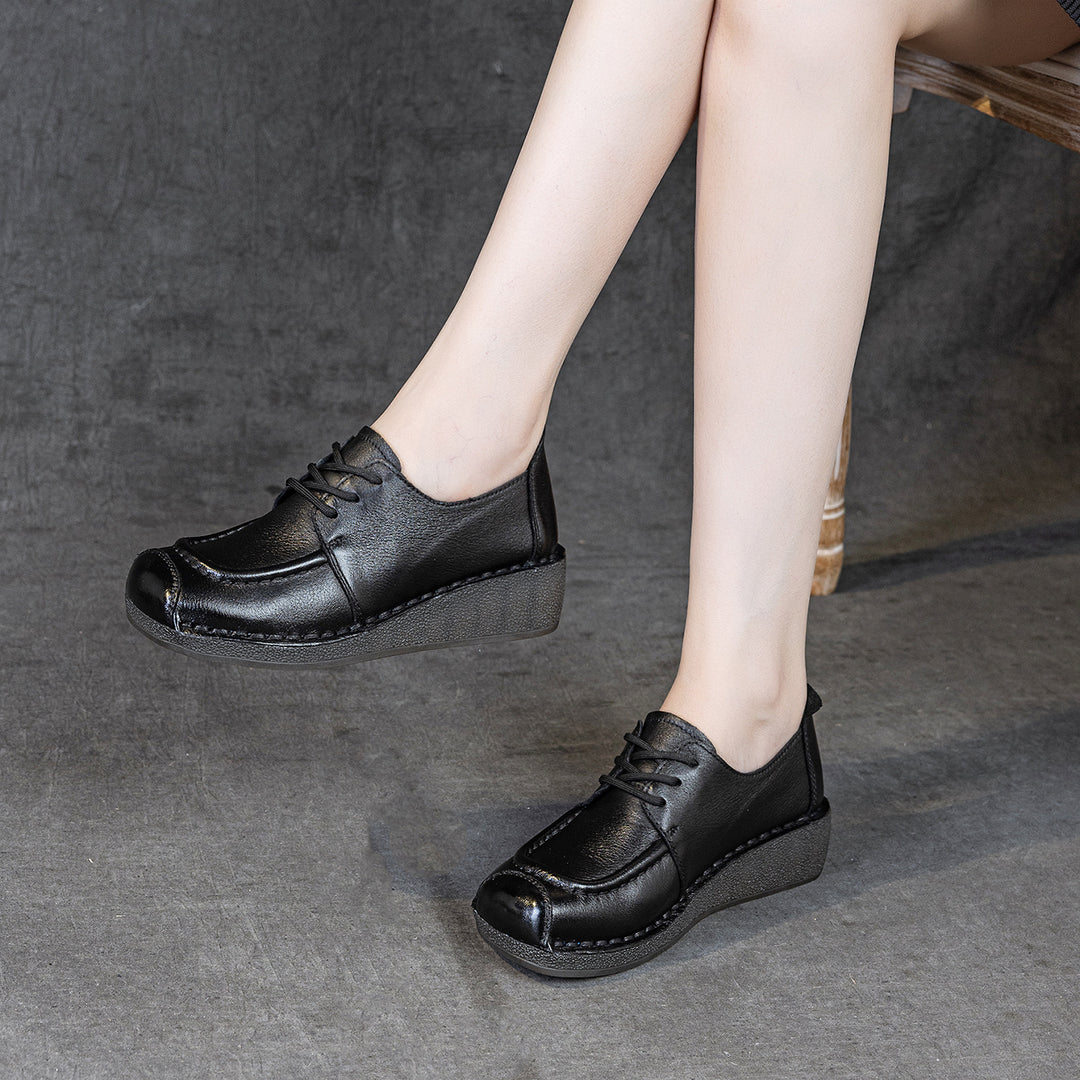 Women's Leather Square Toe Oxford Shoes Wedge Platform Lace Up Casual Loafers