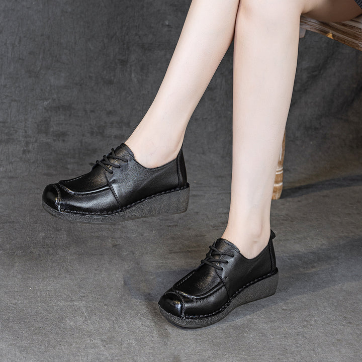 Women's Leather Square Toe Oxford Shoes Wedge Platform Lace Up Casual Loafers