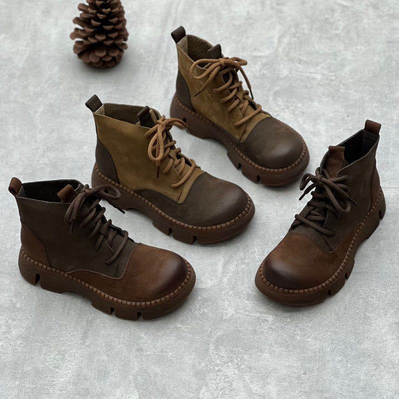 Women's Vintage Leather Patchwork Platform Ankle Boots – Lace-Up Non-Slip