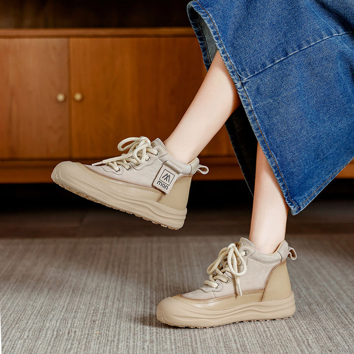 Trendy Women's Leather Platform Sneakers – High-Top Lace-Up Casual Shoes