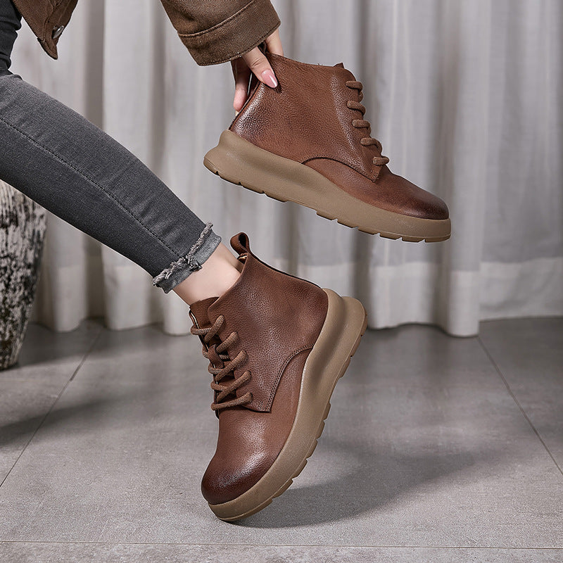 Women’s British Style Leather Platform Ankle Boots – Zip High-Top Design