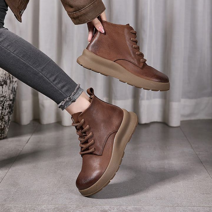 Women’s British Style Leather Platform Ankle Boots – Zip High-Top Design