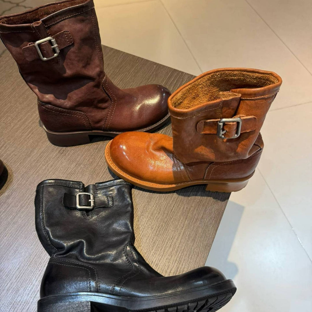 Women's Horsehide Mid Calf Engineer Boots Vintage Buckle Slip On Chunky Heel Booties
