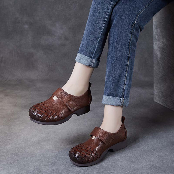 Women's Woven Leather Wide Toe Low Heel Velcro Casual Shoes