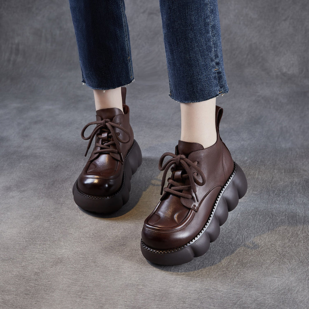 Women’s Retro Round Toe Leather Lace-Up Ankle Boots – Chunky Platform