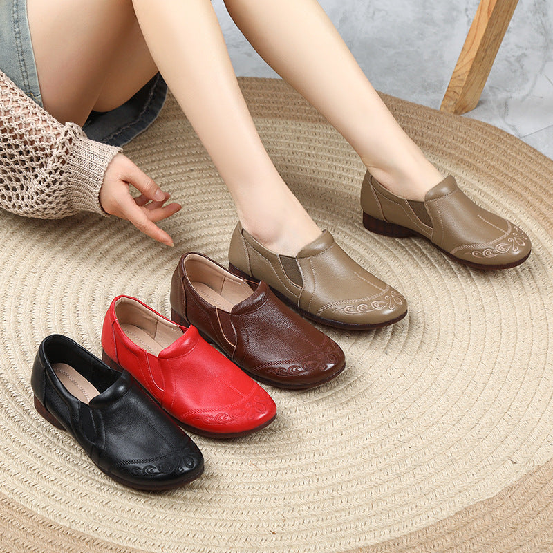 Women's Cowhide Vintage Embroidered Flat Loafers Slip On Walking Shoes