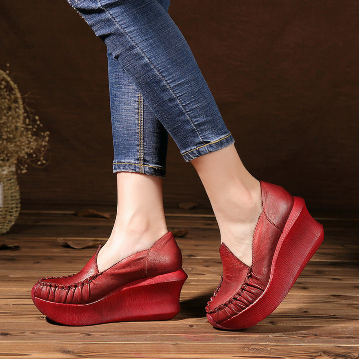 Women's Leather Platform Wedges - Ruched Toe High Heel Slip-ons