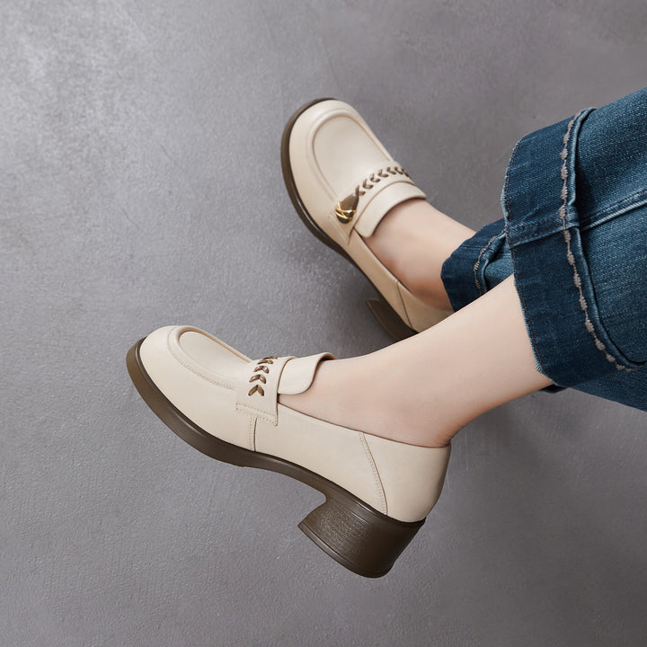 Women's Retro Sheepskin Loafers Vintage Round Toe Woven Strap Chunky Heels