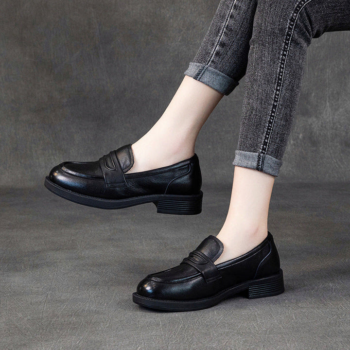 Comfortable Leather Penny Loafers for Women - Classic Round Toe Slip-On Shoes