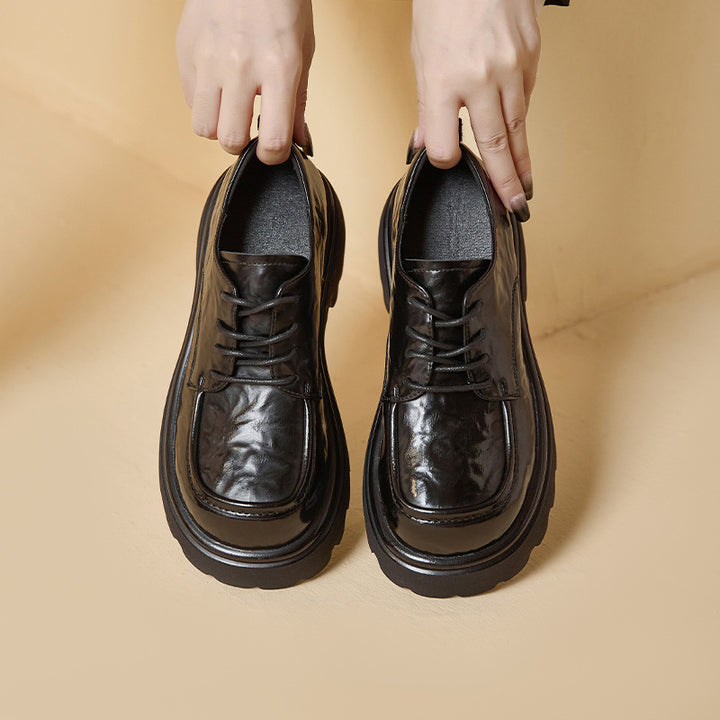 Women's Ruched Leather Oxford Shoes – Casual Chunky Platform Lace-Up