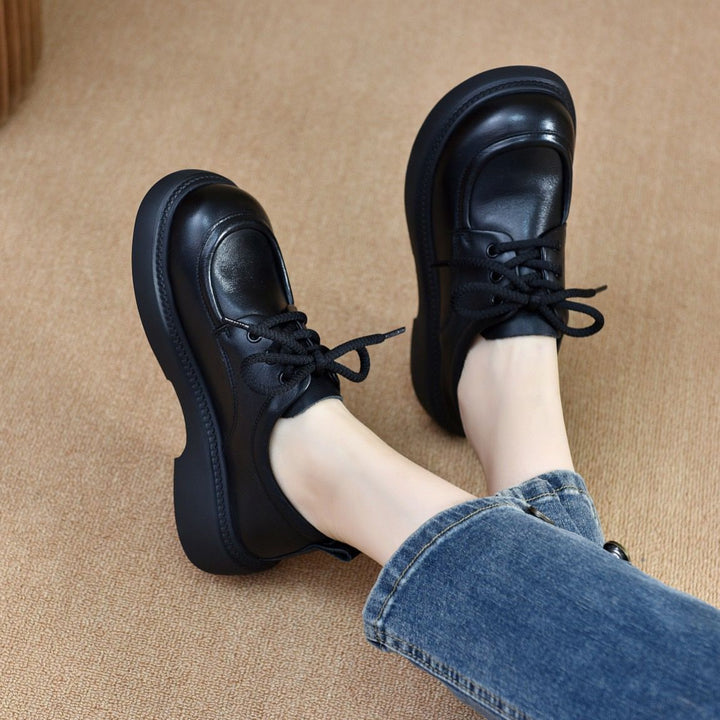 Women's Leather Casual Lace-up Round-Toe Low-Heel Daily Shoes