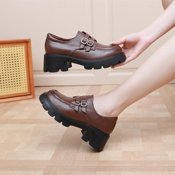 Women's Chunky Platform Loafers - Leather Shoes with EVA Outsole - Double Buckle Detail